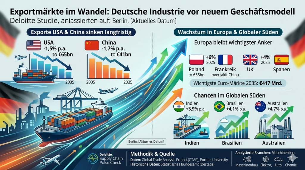 Exportmärkte im Wandel: Deutsche Industrie vor neuem Geschäftsmodell Exportmärkte im Wandel: Deutsche Industrie vor neuem Geschäftsmodell Der Rückgang der Exporte in die USA und nach China zwingt die deutsche Industrie laut einer aktuellen Deloitte-Modellierung zur Neuausrichtung ihrer Handelsstrategien.
